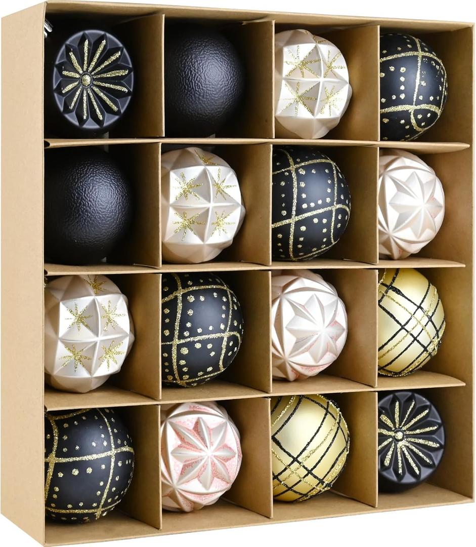 16PCS Christmas Balls Ornaments - 2.36in Black and Gold Christmas Tree Decorations, Shatterproof Hanging Balls for Christmas Xmas Tree Holiday Wreath Decor (Black & Gold)