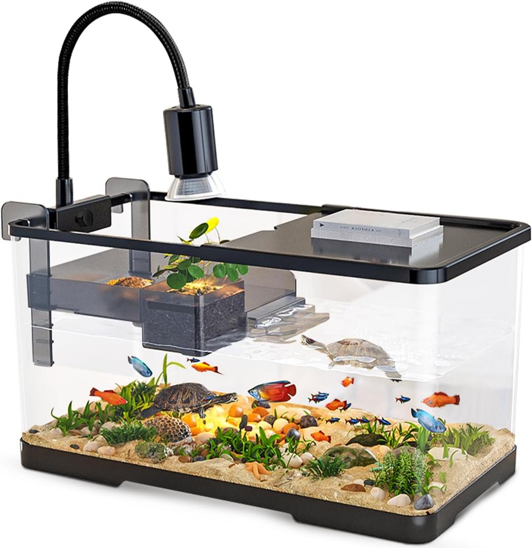 (Tank + Light + Filter + Filter Balls) Turtle Tank Kit, Turtle Tank Starter Kit,Bottom Drainage, Multi-Function Areas for Turtles, Crabs,Fishes, Amphibians,Reptiles. (21.65  12.28  12.28 Inch)