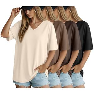 Locoowai 4 Pack Women's Oversized Short Sleeve T Shirts Cotton V Neck Tops Casual Basic Summer Loose Tees Workout Gym Shirts(Black, Dark Brown, Coffee, Cream,XX-Large)
