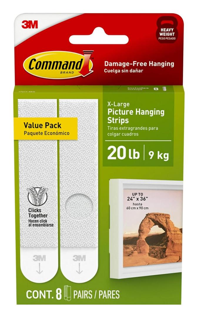 Command 20 lb X-Large Picture Hanging Strips, 8 Pairs White Command Strips Heavy Duty Picture Hanger