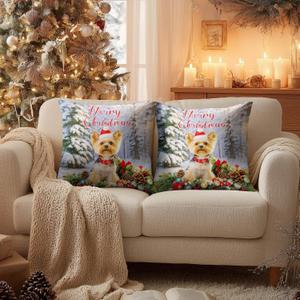 2 x HOMETITUTE Set of 2 Christmas Dog Throw Pillow Covers 18x18 Inch Soft Decorative Yorkie Cushion Covers Holiday Winter Christmas Pillow Cases Rustic Farmhouse Decor for Sofa Couch Bed Living Room