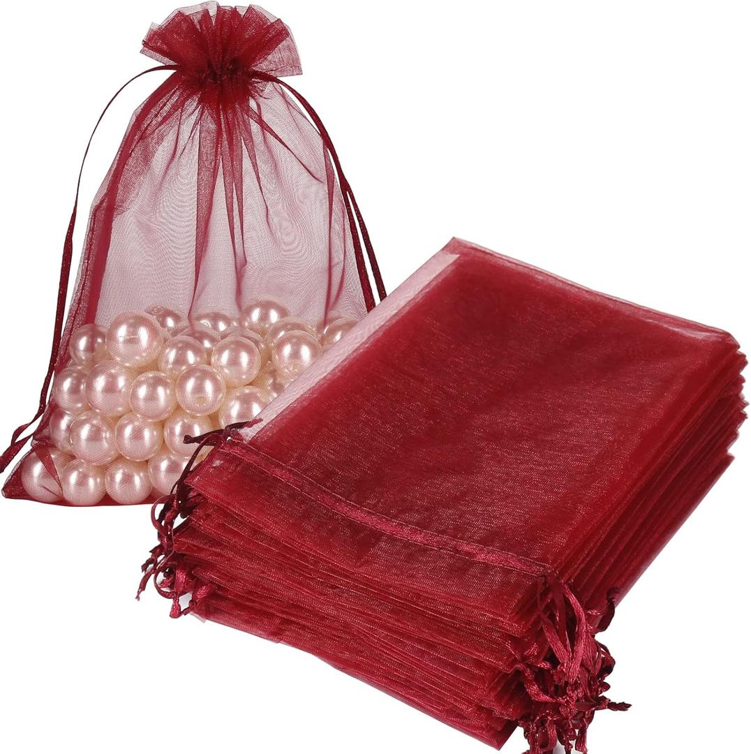 HRX Package 100pcs Organza Bags Burgundy Red, 5x7 inch Mesh Drawstring Gift Bags Jewelry Pouches for Christmas Candy Party Favor