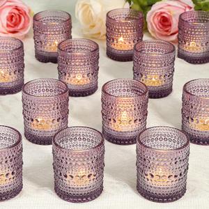 24 Pcs Votive Candle Holders, Purple Glass Holders Bulk for Table Centerpiece, Tea Lights Candle Holders for Wedding Shower, Party and Home Decor