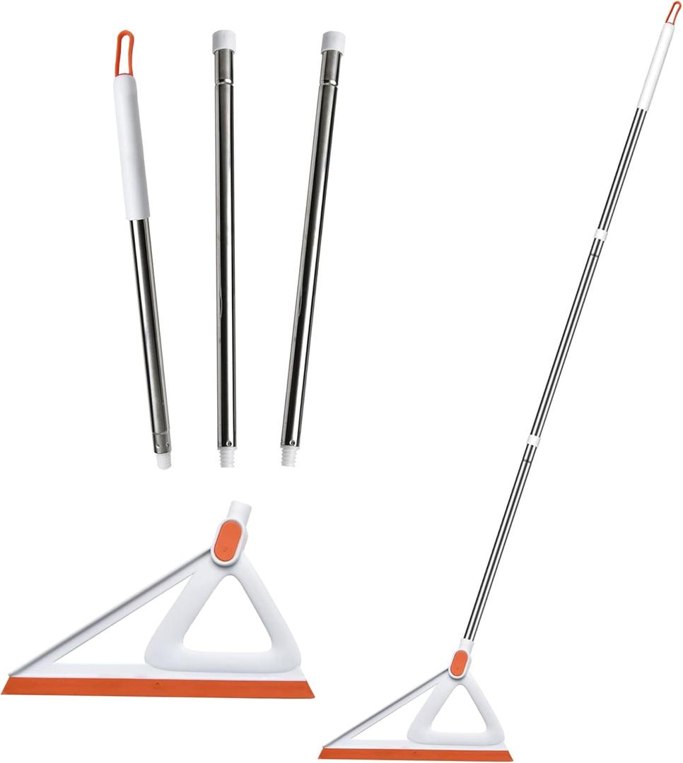 Multifunction Magic Air Broom, Rubber Squeegee Broom with 53" Long Handle, Silicone Floor Scraping Sweeper for Floor Bathroom Foam Kitchen Shower Tile Marble Pet Hair Fur Glass Window Cleaning, Orange