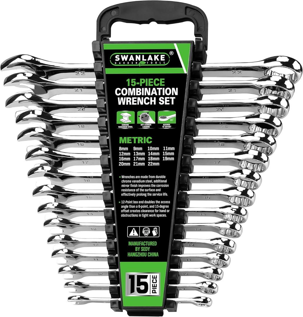 SWANLAKE 15-Piece Metric Combination Wrench Set, 12-Point Max Torque Open End Wrench Set, Cr-V Steel Wrenches 8, 9, 10, 11, 12, 13, 14, 15, 16, 17, 18, 19, 20, 21, 22mm with Storage Rack