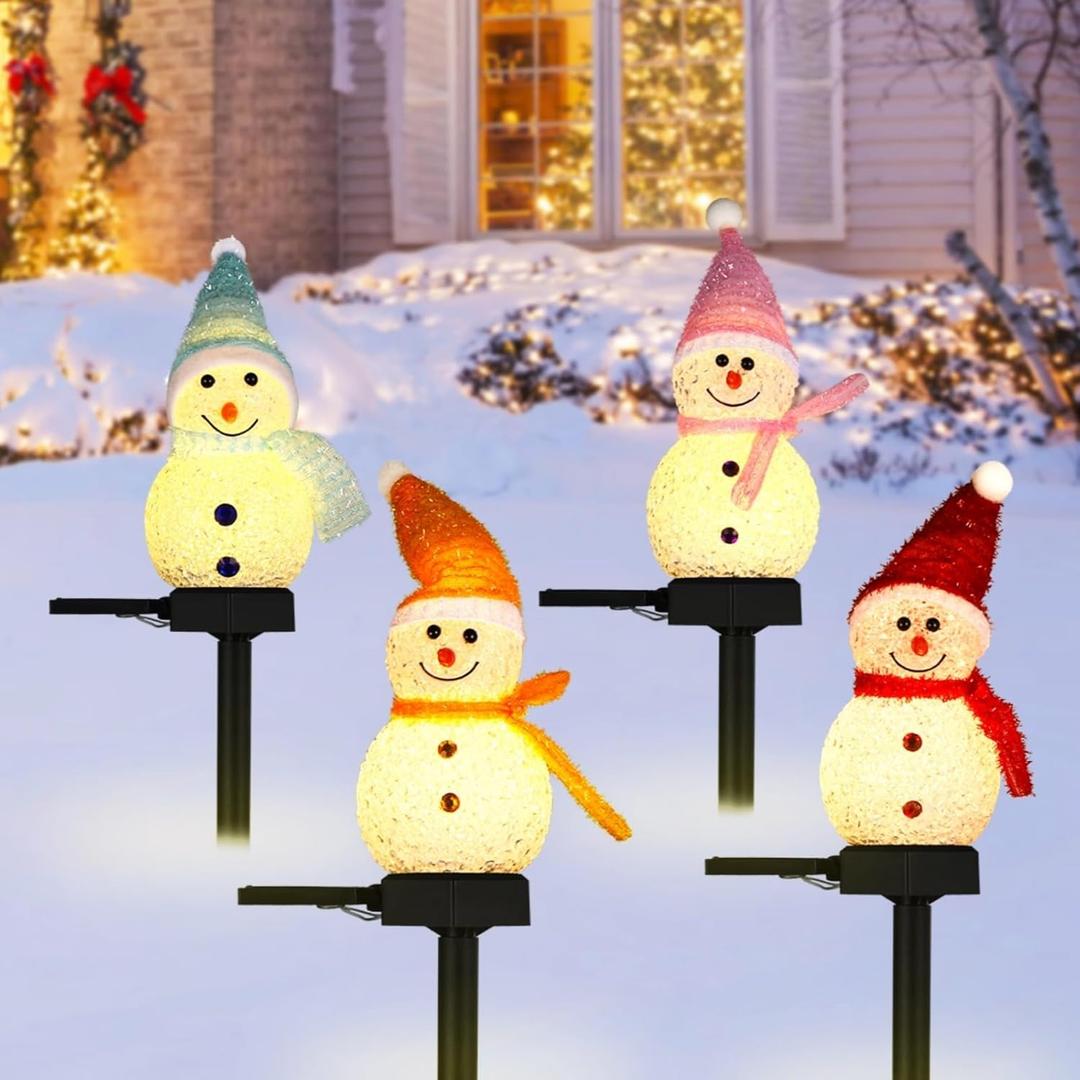 4 PCS Solar Snowman Light Decorations, Solar Christmas Snowman Stake Light, Outdoor Waterproof Solar Powered Garden Snowman Lights, Christmas Yard Decor, Decorative Pathway Light (White)