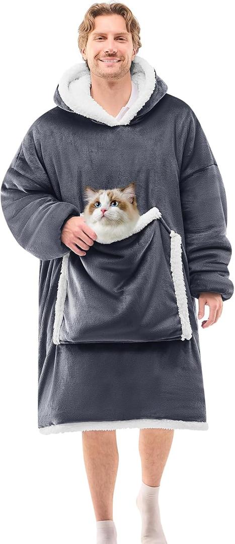 JOYWOO Oversized Wearable Blanket Hoodie,Cat lovers Long Hoodie Blanket for Adult,Birthday Gifts for Women Men Mom,Cozy Fuzzy Sherpa Fleece Sweatshirt Hooded Blanket with Giant Pocket Gifts, Grey