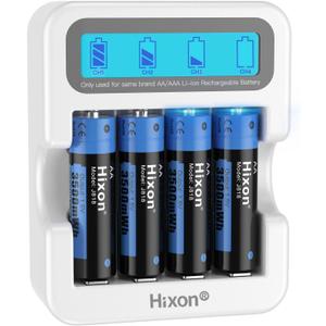 Hixon AA Rechargeable Batteries and LCD Charger,4x3500mWh Rechargeable AA Lithium 1.5V Batteries,Max 3A Current,1600Cycles,Fits for Blink Camera VR/Xbox Gaming Controller.