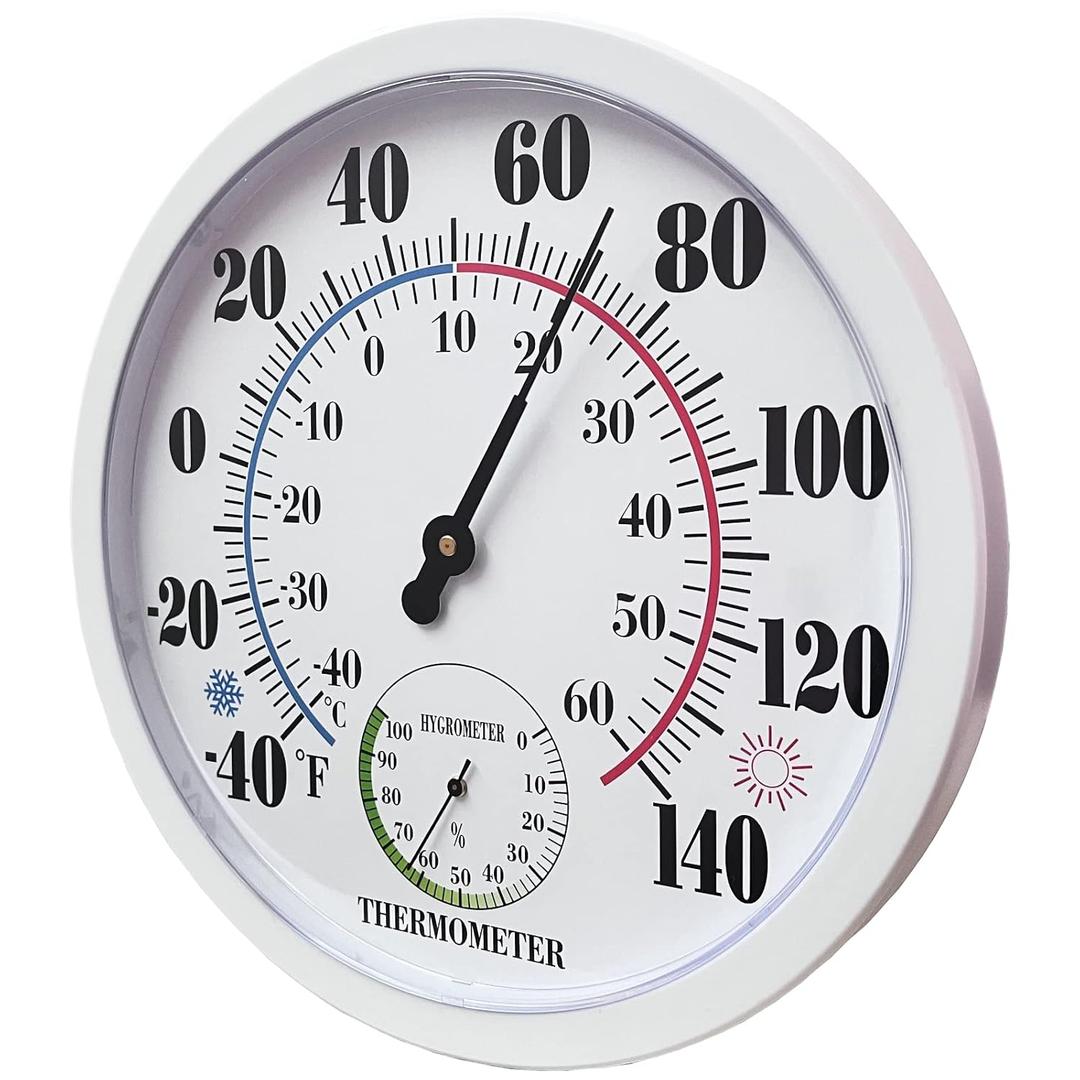 Indoor Outdoor Thermometer Large Wall Thermometer-Hygrometer Waterproof Does not Require Battery (White) (10 Inch)