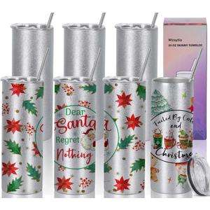 Glitter Sublimation Tumblers 20 Oz Skinny Straight, 8 Pack Sublimation Glitter Skinny Tumbler Blanks, Insulated Stainless Steel Tumbler, Silver