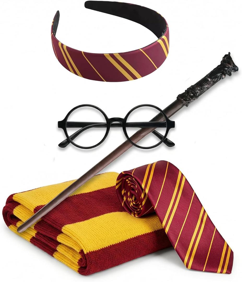 Wizard Costume Accessories for Women Girls, Wand Scarf Glasses Tie Headband for Halloween Cosplay