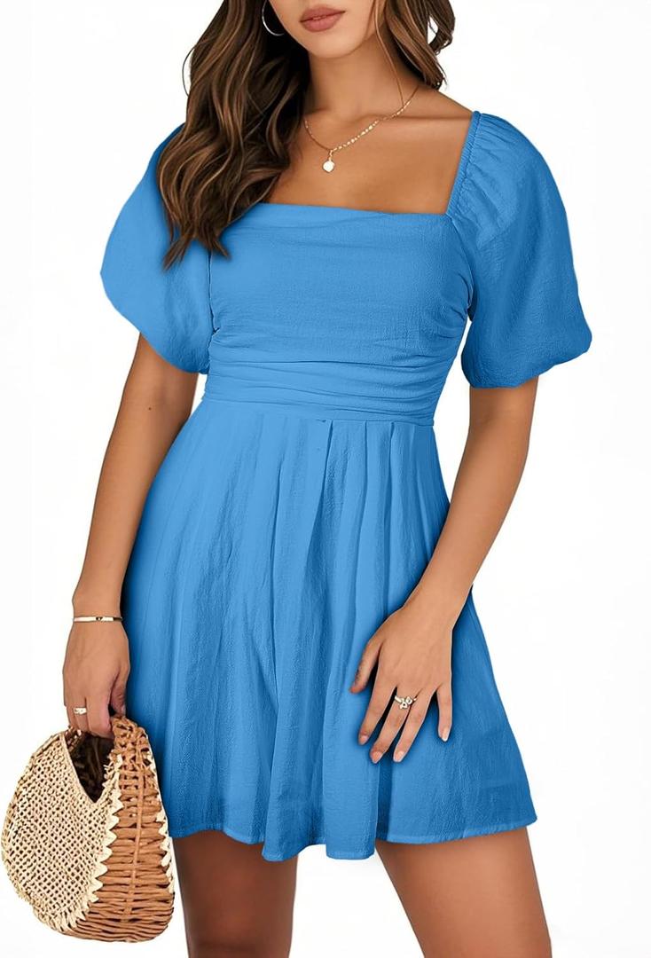 AlvaQ Shorts Romper for Women Dressy Plus Size Summer Short Sleeve Rompers with Pockets Cute Square Neck Wide Leg Short Jumpsuits Mini Dress, Blue, 2X-Large