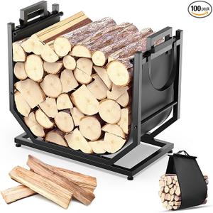 YENGOTH Firewood Rack, Indoor/Outdoor Firewood Holder with Firewood Carrier Bag, 25 Inch Thickened Metal Fireplace Log Holder with Adjustable Feet, Black