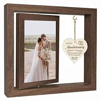 Happy Anniversary Rotating Picture Frame Gift, Acrylic Floating Photo Frame Engagement Wedding Gifts for Her/Him, Wife, Husband, Man, Couple, Boyfriend, Girlfriend, 4x6 Inch Photo Frame for Valentines Day Lover