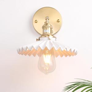 Vintage Wall Sconce with White Pleated Ceramic Lampshade 180 Degree Adjustable Brass Sconces Wall Lighting Fixture with Switch for Bedside Bedroom Doorway (Short)