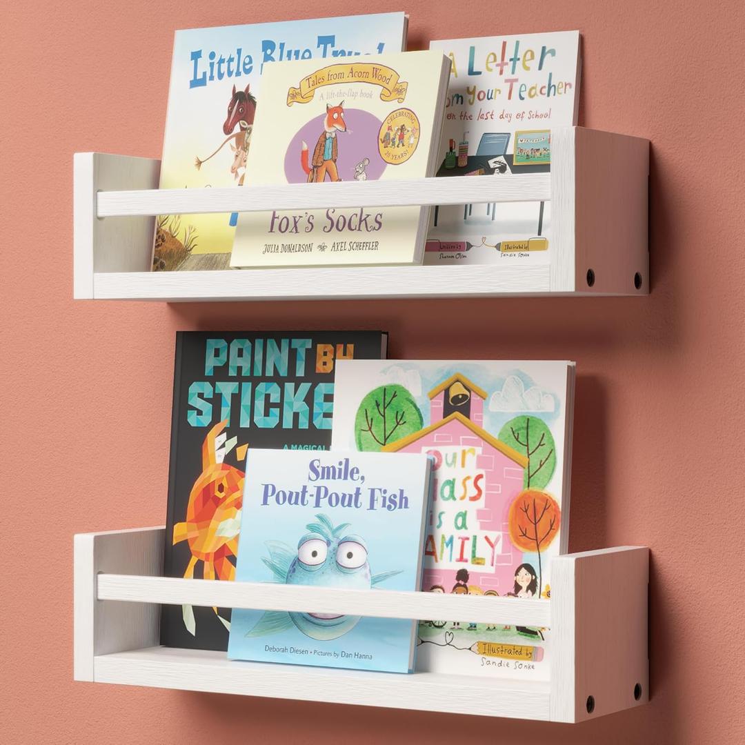 Nursery Book Shelves, 15 Inches Floating Kids Bookshelves for Wall Set of 2, Baby Room Wall Decor, Wall Mounted Wood Shelves for Books, Toys and Wall Storage - White, cute_b