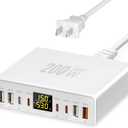 200W USB C Charger 8-Port with LED Display, USB Charging Station GaN Multiport Fast Charger Block PD QC 3.0 PPS USBC Charging Hub Compatible with iPhone Samsung MacBook Laptop Pad, Matte White