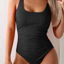 One Piece Swimsuit for Women Ribbed Tummy Control Bathing Suit Ruched Swim Suit Slimming Swimwear (Black, L)