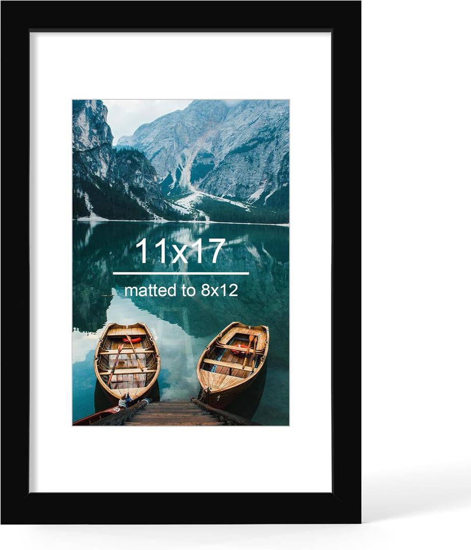 Hongkee 11x17 Frame, Black Wood Style - Display 8 x 12 Picture with Mat or 11x17 Poster without Mat, Wall Mounting Horizontal and Vertical, 1 Pack