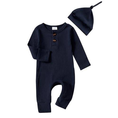 Infant Boys Girls Clothes Set Newborn Baby Romper Hat Ribbed Knit Long Sleeve Button Solid Bodysuit Jumpsuit (Navy Blue, Newborn)