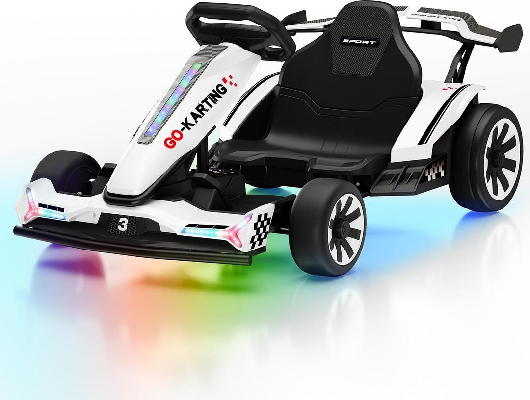 Firstness 24V 10AH Go Kart for Kids 800W Powerful Drift Cart with 4-Length Adjustable Seat Outdoor Ride On Toys Kids Driving Car with 3 Speed Mode Music Lights for Ages 6+ Boys & Girls, White