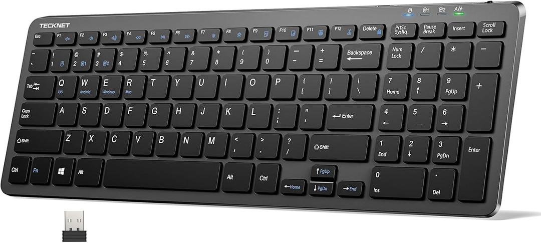 TECKNET Wireless Bluetooth Keyboard Rechargeable - Ultra Slim 2.4G+BT Keyboard with Number Pad, Low Profile Compact Silent Keyboards for Laptop, Computer, PC, Tablet, Multi Devices Easy Switch (Grey)