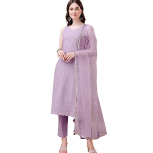 Women's Silk Chikankari Kurta Pant & Dupatta Set
Color: Purple
Size: M