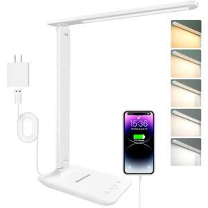 White crown LED Desk Lamp with 15W Wireless Charger & USB Port, Dimmable Table Lamp with 5 Lighting Modes, Sensitive Touch Control, Foldable & Portable Desk Light for Home, Office, Bedroom, Reading (Pro)