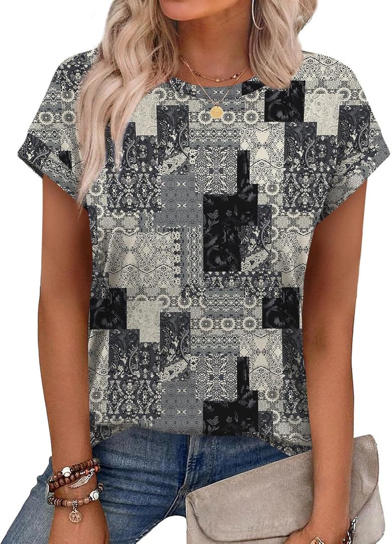 Alaroo Womens Summer Tops Short Sleeve Shirts Crew Neck Cute Trendy Tunic Blouses (L) (Large, Print 56)