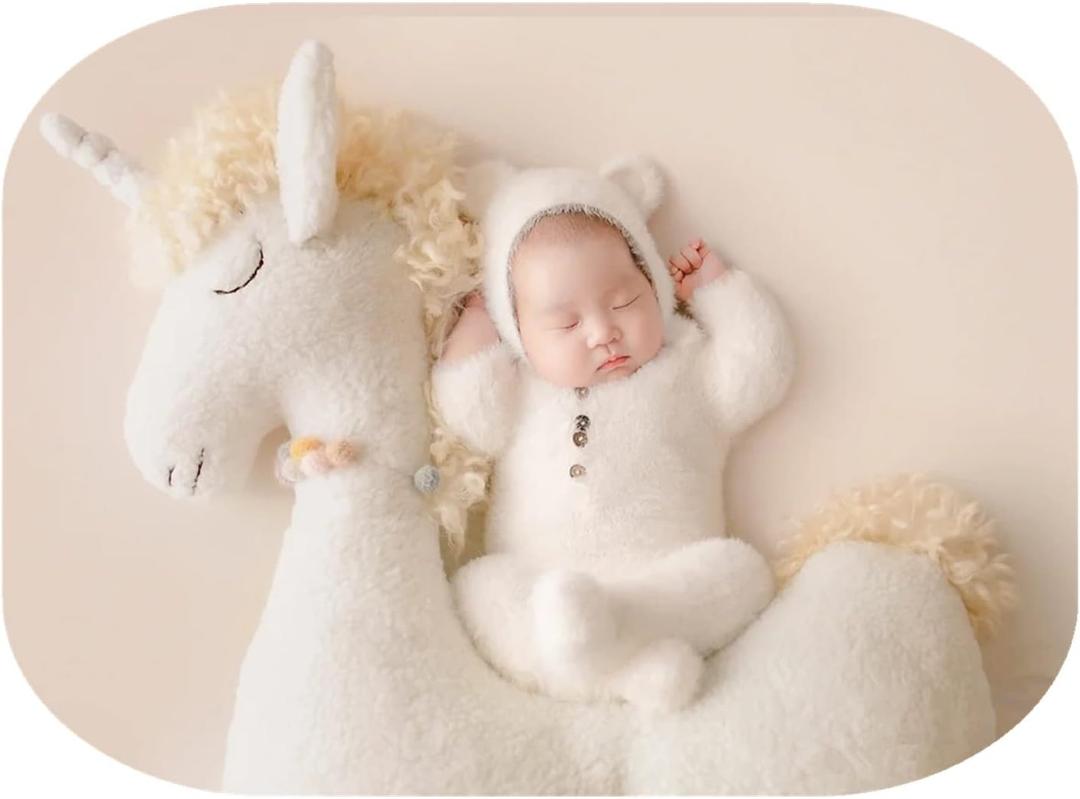 Newborn Photography Props Boys Girls Outfits Mohair Bear Hat Bonnet & Footed Romper Bodysuit Photoshoot Costume Set (White)