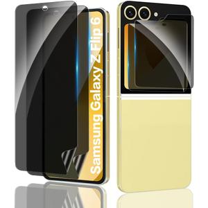 Privacy Screen Protector for Samsung Galaxy Z Flip 6, 2X Inner Soft Black TPU Flexible Film, 2X Tempered Glass Anti Spy Front Screen Saver, Case Friendly, Bubble Free, HD for Samsung Galaxy Z Flip 6