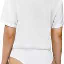 TQD Women Button Down Bodysuit Long Sleeve Collared Shirt Satin Blouse Bodysuits Tops Business Casual Office Professional (White, M)