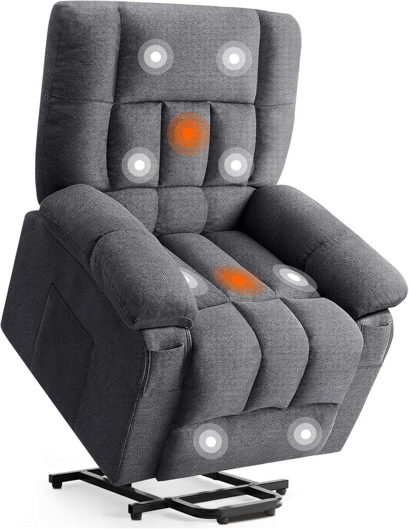 DUMOS Power Lift Recliner Chair with Vibration Massage and Heat for Elderly, Ergonomic Overstuffed Breathable Fabric Reclining Chair with 3 Pockets, Remote Control, Living Room, Bedroom, Grey