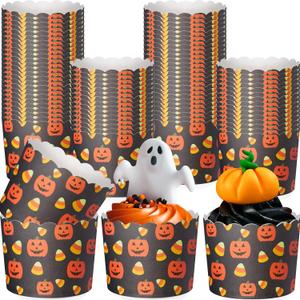 100 Pcs Halloween Pumpkin Paper Baking Cups Black Orange Cupcake Liners Wrappers Decorative Cupcake Holders for Halloween Birthday Party Supply