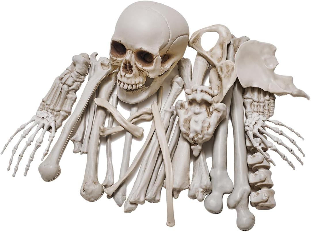 28 Pieces Life Size Skeleton Bones Halloween Decorations Outdoor Indoor, Bag of Fake Plastic Human Skull Bones for Outside Inside Halloween Party Haunted House Graveyard Decor