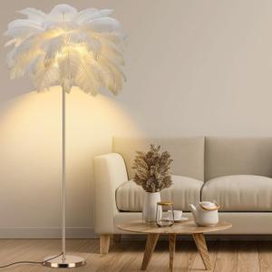 Feather Floor Lamp for Living Room, Fluffy Ostrich Feathers Lamp, Rose Gold Color Body, 3 Color Temperatures Modern Funky Arc Tall Standing Lamp for Bedroom Inclued Bright LED Bulbs (White)