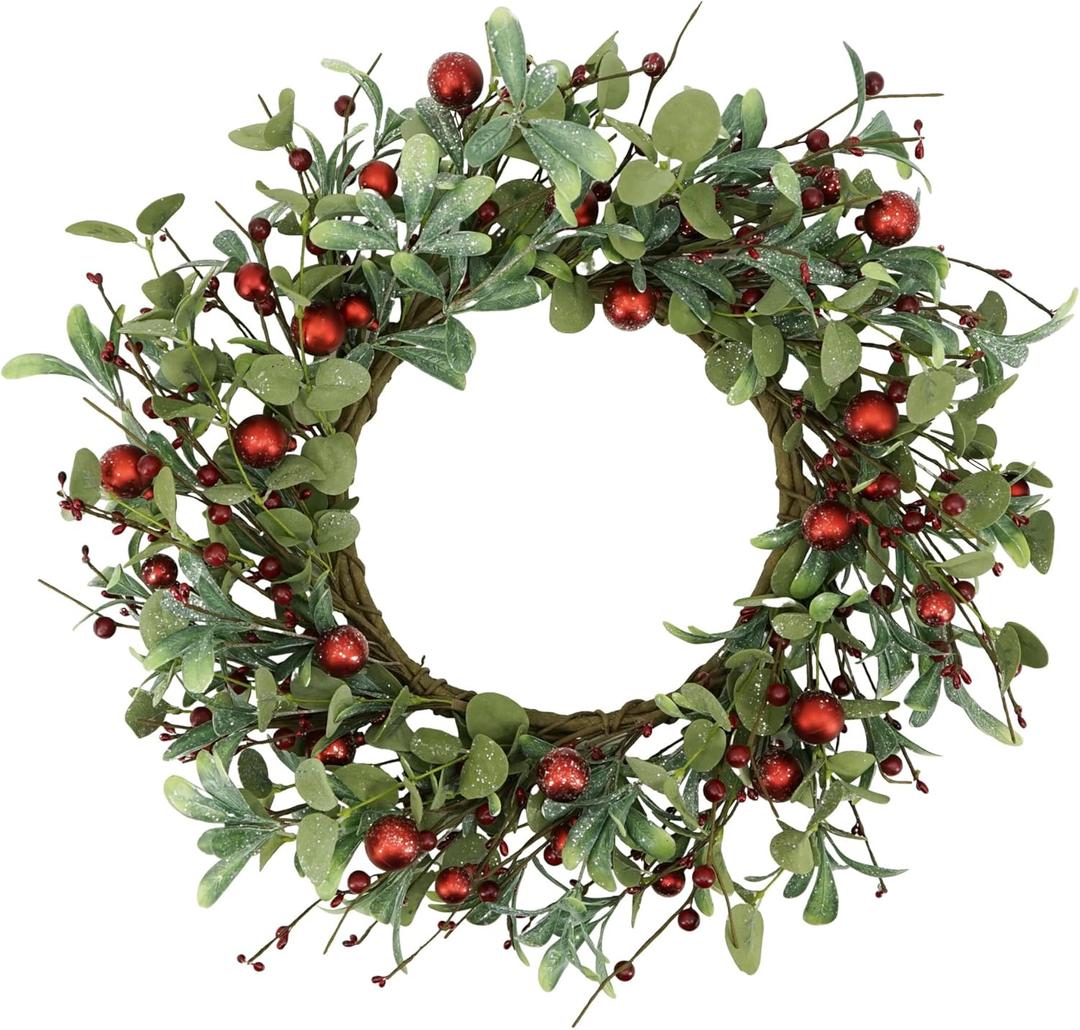YNYLCHMX 20 Inch Christmas Wreath for Front Door, Winter Wreath with Welcome Sign Eucalyptus leaves Red Berry, Artificial Door Xmas Wreaths for Window Wall Fireplace Farmhouse Holiday Party Decoration
