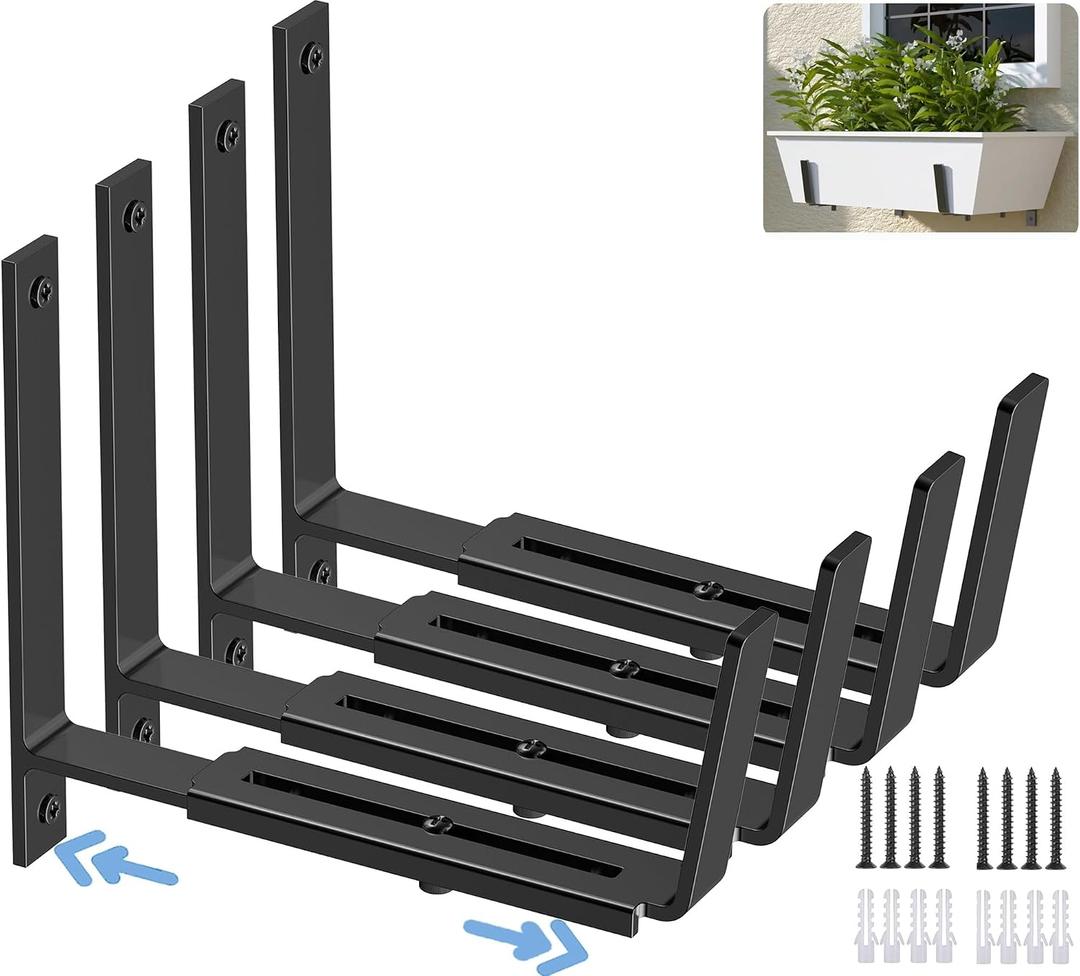 HFHOME 4 PCS Adjustable Planter Box Brackets (6 to 12.5 in), Universal Window Box Brackets, Heavy Duty Metal Flower Box Wall Mounting Hooks for Balcony, Fences, Patio, and Garden - Black