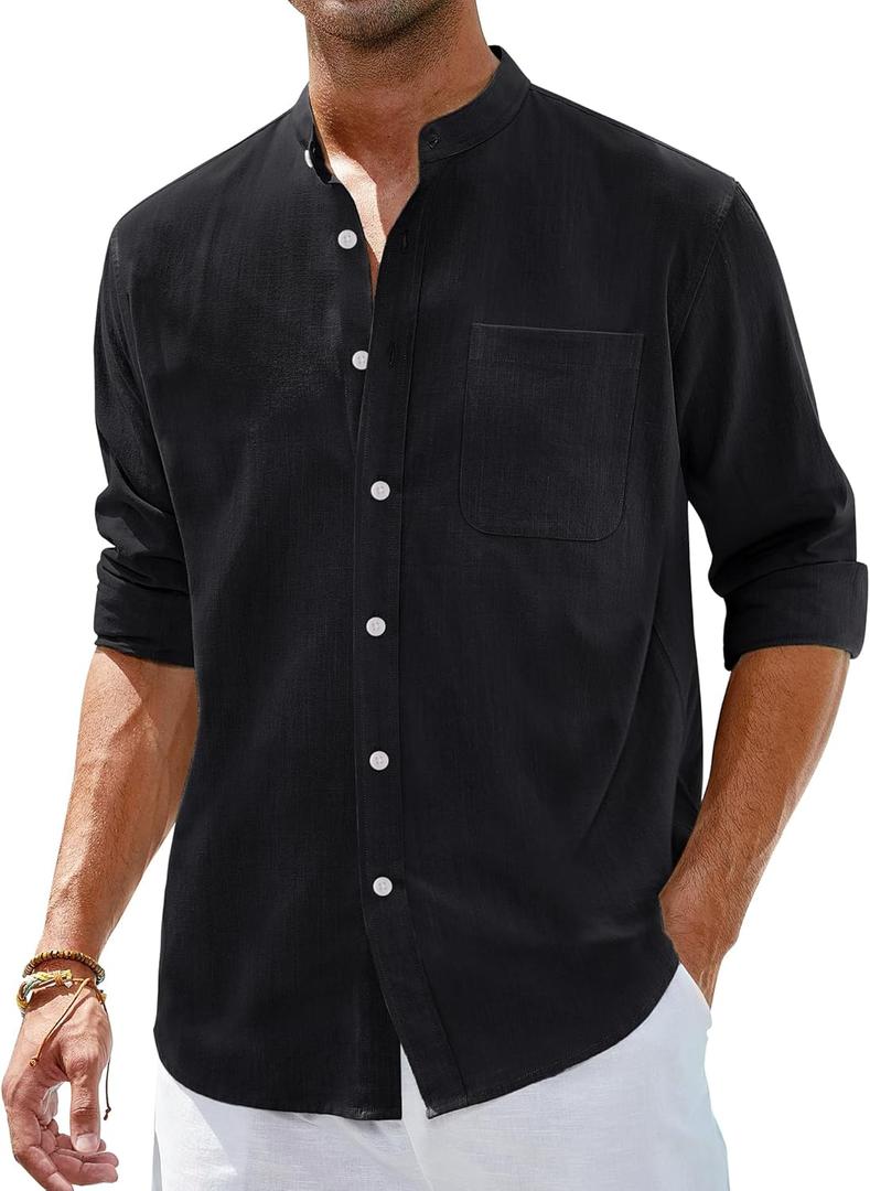 Alimens & Gentle Men's Cotton Linen Shirts Long Sleeve Button Down Shirt Band Collar Beach Shirts (3X-Large, Black)
