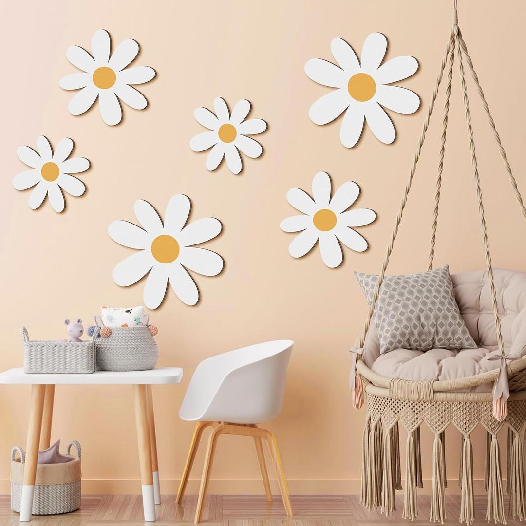 Thyle 6 Pcs Daisy Wall Decor Wooden Daisy Art Flowers Wall Signs Hanging Plaque for Home Nursery Bedroom Farmhouse Bathroom Decorations Housewarming Gifts (Elegant Style,Yellow,White)
