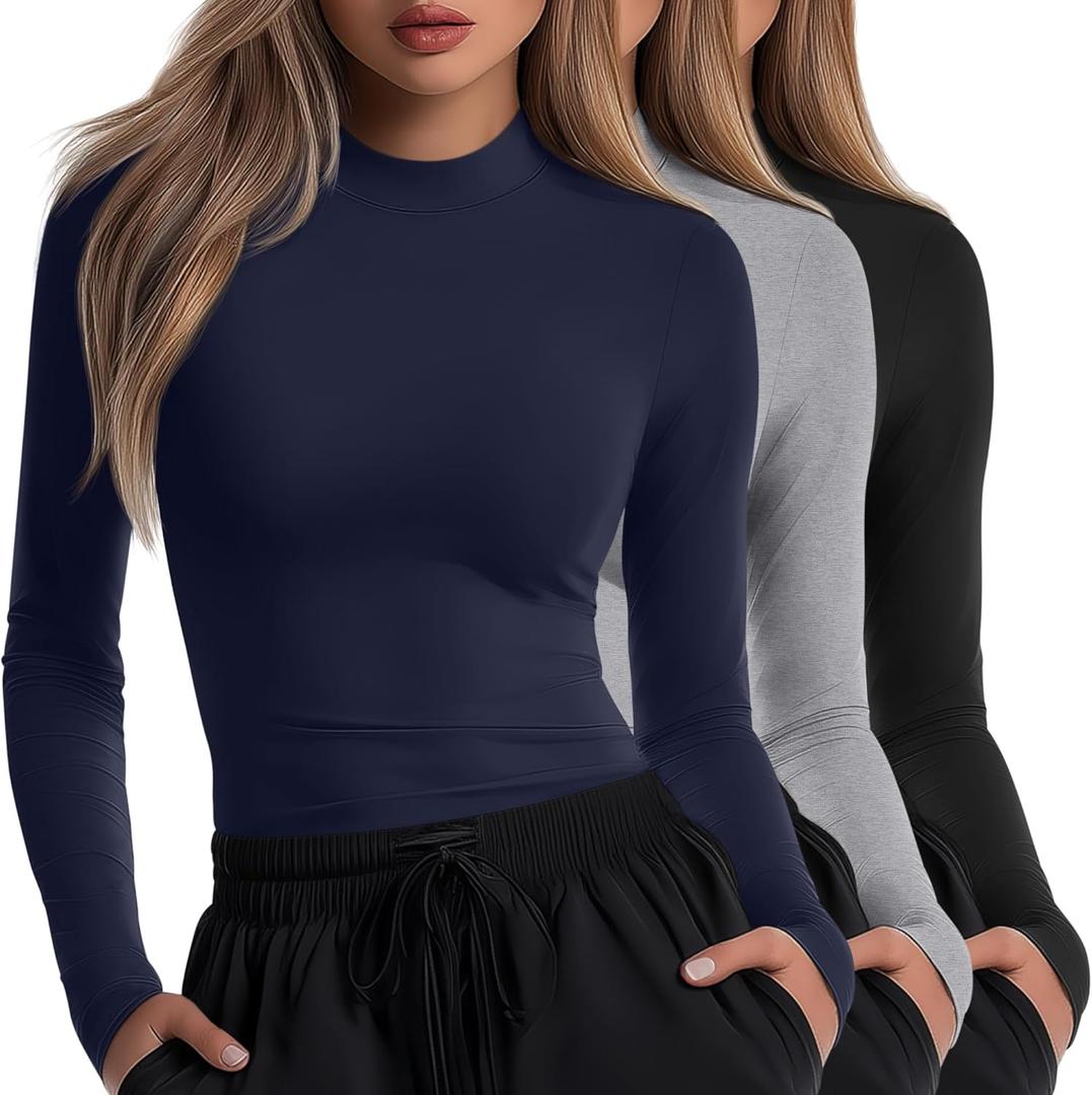 Neer 3 Pack Women's Underscrubs Long Sleeve Shirts Mock Turtleneck Slim Fit Scrub Top Basic Tee Undershirt for Nurse (Black, Light Gray, Navy Blue), Size Small