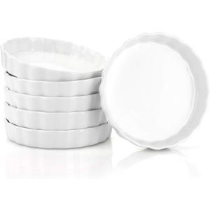 Foraineam 6 Pack 8 Ounce Porcelain Creme Brulee Ramekins Mini Fluted Quiche Dishes, 6 Inch Tart Pan Round Pie Plates for Baking, Dishwasher and Oven Safe