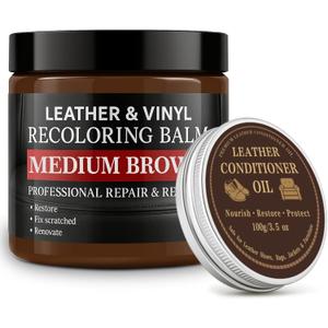 Leather Color Restorer, Leather Recoloring Balm, Scratch Remover, Leather Dye, Leather Paint with Leather Conditioner, Leather Repair Kit for Furniture Couches Car Seats Shoes, Medium Brown