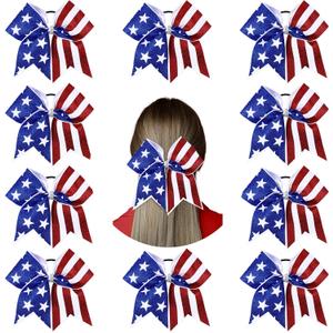 Hanaive 10 Pcs 4th of July Glitter Cheer Hair Bows 8'' Patriotic Cheerleader Red White Blue America Flag Hair Bow with Elastic Ponytail Holder Independence Day Accessory for Kids