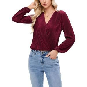 Women Long Lantern Sleeve Shirts Dressy Casual Loose Fit Fall V Neck Blouses Date Night Tops (Red, L)