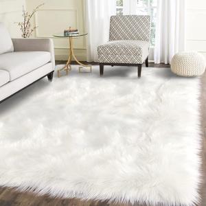 Latepis High Pile Faux Fur Area Rug, 5 x 8 ft, White, Fluffy Rug for Bedroom, Living Room, Playroom, Nursery