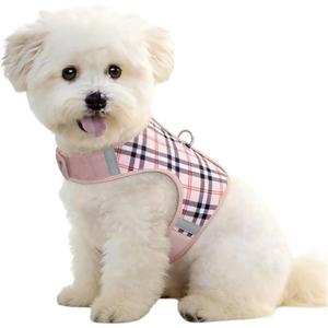 Dog Harness for Small Sized Dog,Hook-and-Loop Easy On/Off, Reflective Adjustable Soft Mesh Vest for Puppy (Checkered Beige,L)