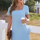 AlvaQ Womens Solid Color Casual Summer Square Neck Short Sleeve Mini Dresses with Pockets (Blue, L)