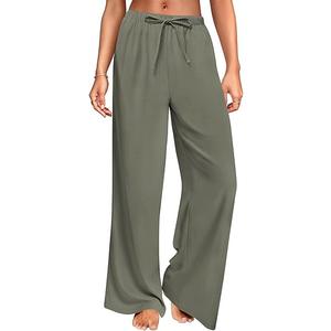 DLOODA Wide Leg Linen Pants for Women, Loose Flowy Palazzo Pants with Pockets Drawstring Trousers Summer Beach Vacation (Green, M)
