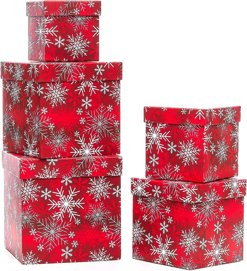 UNIQOOO 5PCS Christmas Nesting Gift Boxes with Lid, Xmas Nested Box Set, 5 Sizes, Square Stackable, Red White Snowflake Candy Cane Paper Box Tower Dcor, for Holiday Thanksgiving New Year Packaging